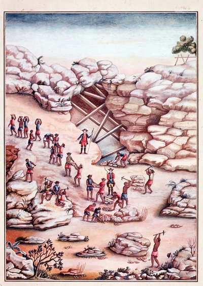 Diamantmijnbouw in een mijn in Brazilië. Aquarel uit de 18e eeuw door Unknown artist