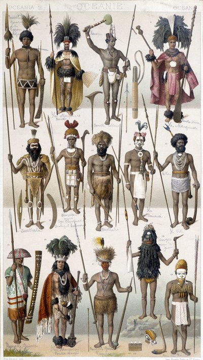 Verschillende kostuums van krijgers uit Oceanië. door Unknown artist