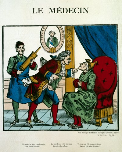 Dokterscène die een dokter toont die een patiënt onderzoekt, zijn assistent achter hem houdt een klysma vast door Unknown artist