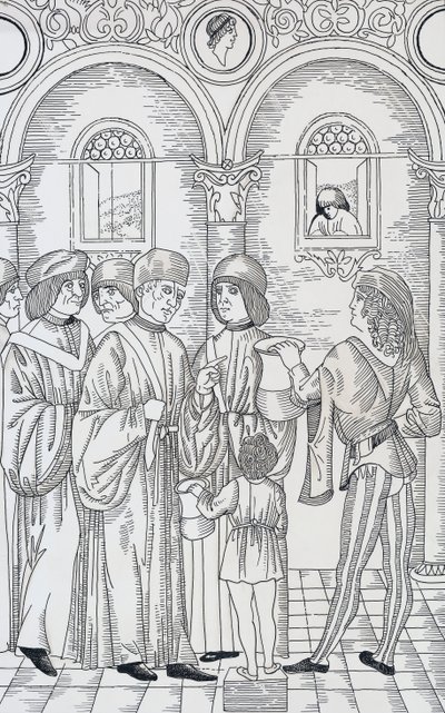 Dokter onderzoekt urine van patiënten, houtsnede door Unknown artist