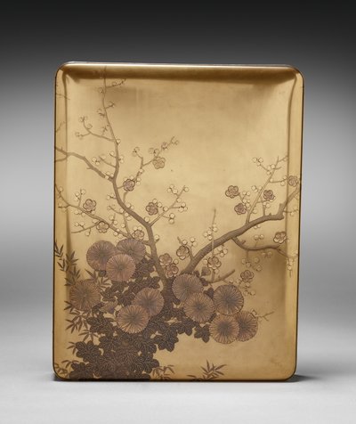 Documentendoos (Ryōshibako) met chrysant en pruim (deksel) door Unknown artist