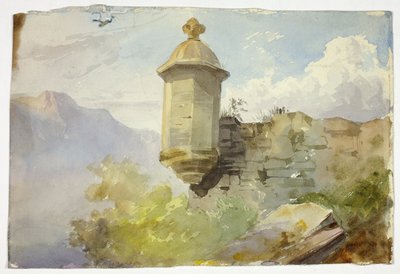Koepelvormige uitkijkpost op muur in berglandschap (recto); figuren steken brug over voor berg (verso) door Unknown artist