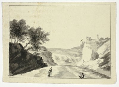 Geklede figuur in landschap met kasteel op een klif door Unknown artist