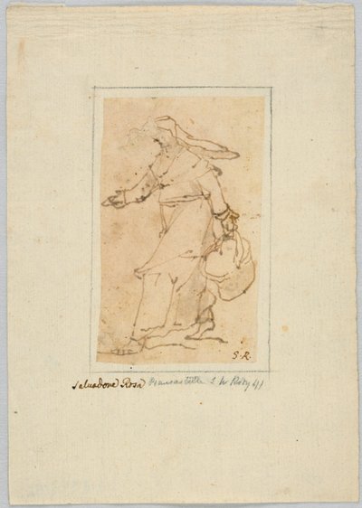 Tekening: Schets van een vrouw die loopt en een mand draagt door Unknown artist