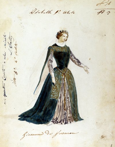 Kostuumtekening voor het personage Isabella in de opera 