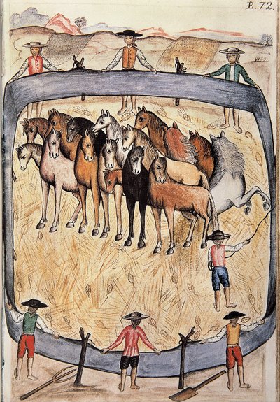 Africhting van wilde paarden, uit het boek "Trujillo del Peru" of "Códice Martínez Compañón", door Baltazar Martinez Compañón y Bujanda, bisschop van Trujillo (1782-1785) door Unknown artist