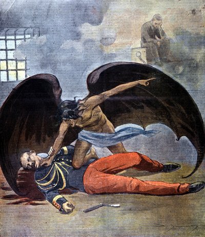 Dreyfus. De zelfmoord van Luitenant-kolonel Hubert Henry in zijn cel nadat hij de auteur bleek te zijn van de brief die Dreyfus beschuldigde. 1898. door Unknown artist