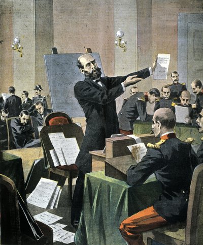 Dreyfus-affaire. Grafologie-expert Alphonse Bertillon getuigt tijdens het proces in Rennes door Unknown artist