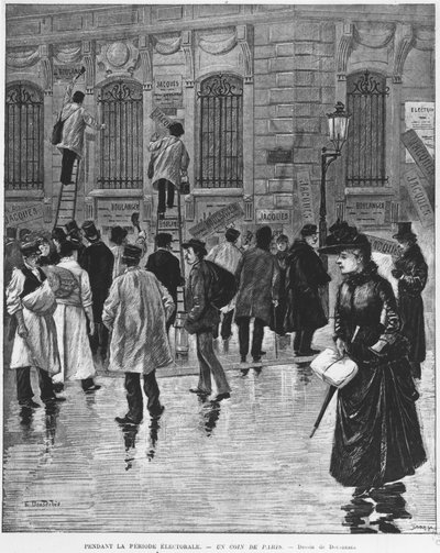 Tijdens de verkiezingsperiode in Parijs; posterplakkers tijdens de verkiezing van 27 januari 1889, hoogtepunt van de bakkerijcampagne - Musee Carnavalet. door Unknown artist