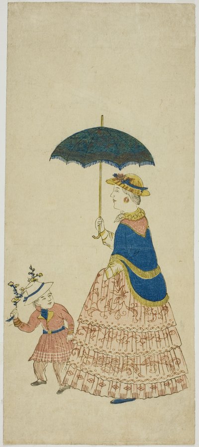 Dutch Lady Carrying Parasol with Little Boy 阿蘭陀婦人と子供 (Orando fujin to kodo mo) door Unknown artist