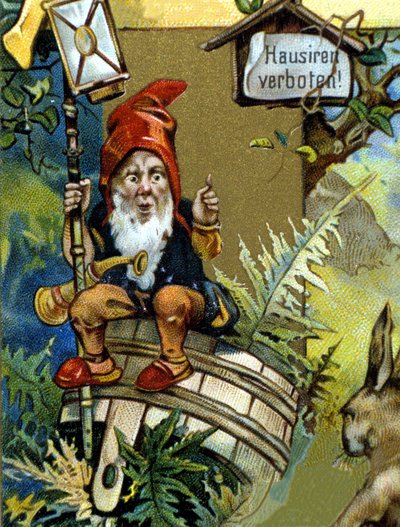 Dwerg of farfadet met lantaarn. 19e eeuw chromolithografie. door Unknown artist
