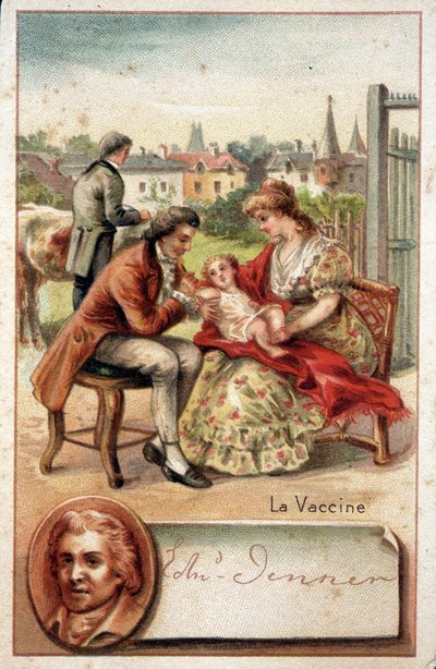 Edward Jenner (1749-1823), een Engelse arts, vaccineert een kind tegen het pokkenvirus in 1796. door Unknown artist