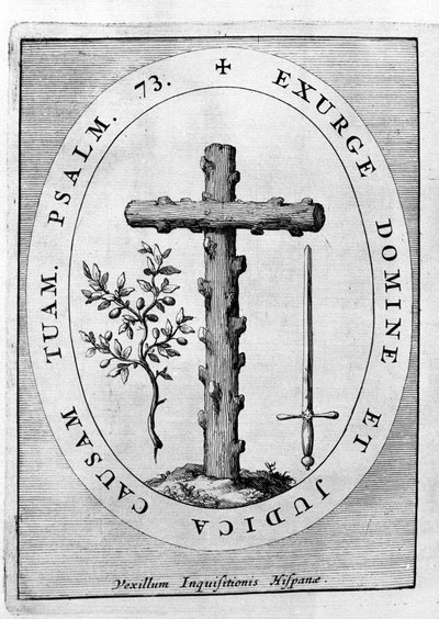 Embleem van de Spaanse Inquisitie: kruis, olijftak en zwaard. 17e eeuw door Unknown artist