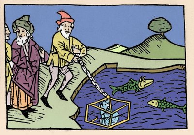 Keizer Alexander de Grote (356-323 v.Chr.) in zee gezet in een vat (bel). Xylografie uit de 15e eeuw door Unknown artist