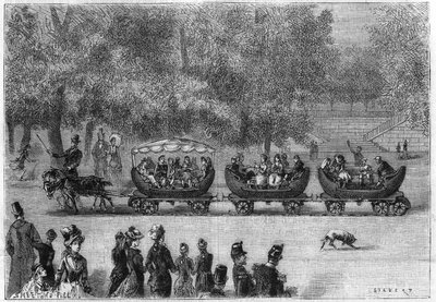 Eindeloze rails aangepast aan een trein van wagens getrokken door geiten in de Tuilerieën in Parijs (door de natuur). Gravure in 