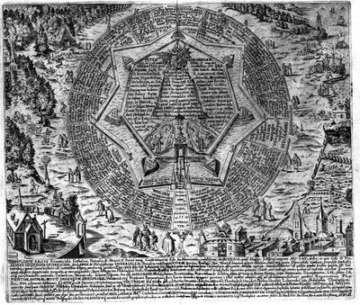 Gravure van het “Amphitheatrum sapientiae aeternae” (Amfitheater van eeuwige wijsheid) (Hamburg: s.n.) door Unknown artist