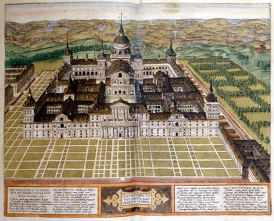 Gravure van het paleis van het Escorial in Spanje. 17e eeuw door Unknown artist