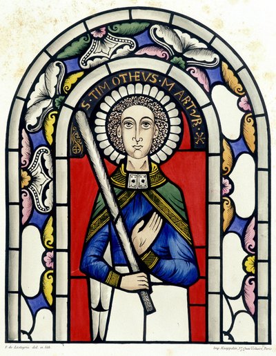 Gravure die het glas-in-loodraam van Sint-Timotheüs voorstelt, uit de kerk van Neuviller door Unknown artist