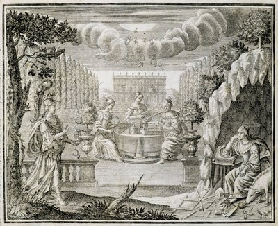 Gravure die vrouwen voorstelt die aan een weefgetouw werken. Begin 18e eeuw door Unknown artist