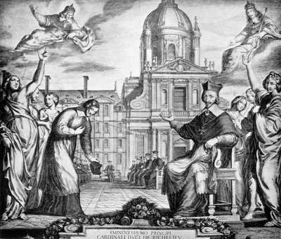 Gravure ter ere van kardinaal Richelieu voor het herstel van de Sorbonne in Parijs, in opdracht van Lemercier, voltooid in 1642. door Unknown artist