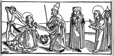 Episode uit het leven van Sint Jacobus de Meerdere: de heilige wordt onthoofd onder het oog van Herodes Agrippa, koning van Judea. Gravure uit 