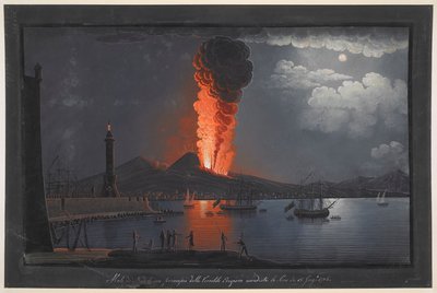 Uitbarsting van de Vesuvius. Nachtelijk tafereel, met een groep figuren die de uitbarsting van de Vesuvius aan de overkant van de Baai van Napels aanschouwen, vuurtoren links, schepen rechts en stad en vulkaan op de achtergrond. door Unknown artist