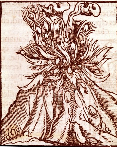 Uitbarsting van een vulkaan. 16e-eeuwse gravure. door Unknown artist