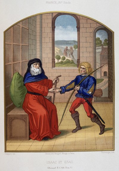 Esau met zijn jachtwapens en zijn vader Isaac. Chromolithografie uit de 19e eeuw door Unknown artist