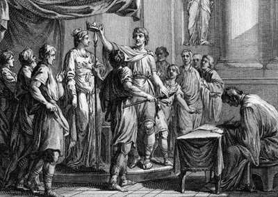 Oprichting van de Salische Wet, opgesteld door Clovis in 508. Het behandelt voornamelijk de problemen van procedures met betrekking tot eigendom en personen, en het behandelt erfrechten voor land dat alleen aan mannen kan worden doorgegeven door Unknown artist