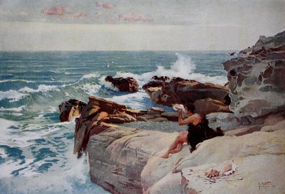 Avond aan zee, jonge man met een grote schelp zittend aan de kust door Unknown artist