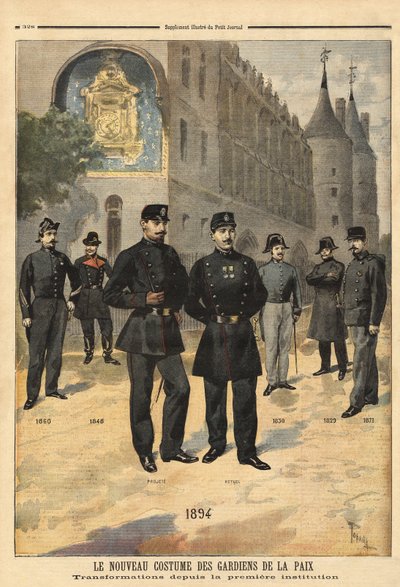 Evolutie van uniformen van vredeshandhavers (of stadssergeanten) van 1860 tot 1894, voor de klokkentoren van de Concierge, Parijs. Gravure in "Le petit journal" 09/1894. Selva