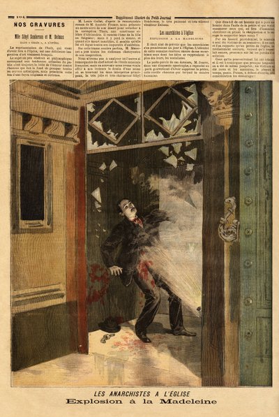 Explosie in de kerk van La Madeleine in Parijs, de anarchistische crimineel, het enige slachtoffer, heeft de gevolgen van zijn eigen bom. Gravure in "Le petit journal" 26/03/1894. Selva