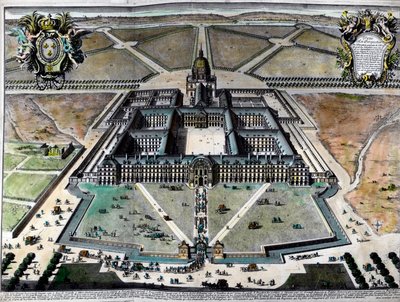 Buitenaanzicht van het Hôtel des Invalides in Parijs in de 18e eeuw. Gravure uit de 18e eeuw. Privécollectie. door Unknown artist