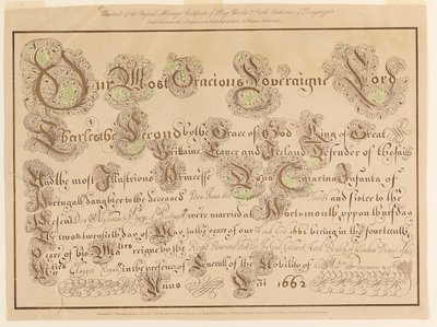 Facsimile van het originele huwelijkscertificaat van Karel II en Catharina van Portugal door Unknown artist