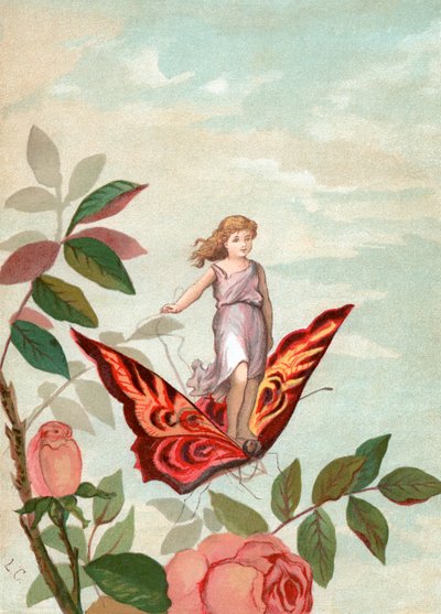 Fee die op een vlinder rijdt tussen rozen door Unknown artist