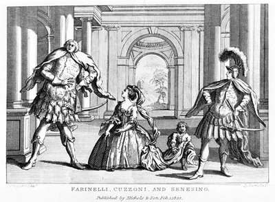 Farinelli (Carlo Broschi, genoemd; 1705 - 1782) met de sopraan Cuzzoni en de gecastreerde Francesco Bernardo Senesino (1680 - 1750) in de opera van George Frederick Handel door Unknown artist