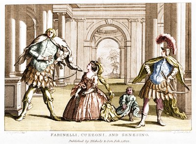 Farinelli (Carlo Broschi, genoemd; 1705 - 1782) met de sopraan Cuzzoni en de gecastreerde Francesco Bernardo Senesino (1680 - 1750) in de opera door George Frederick Handel door Unknown artist