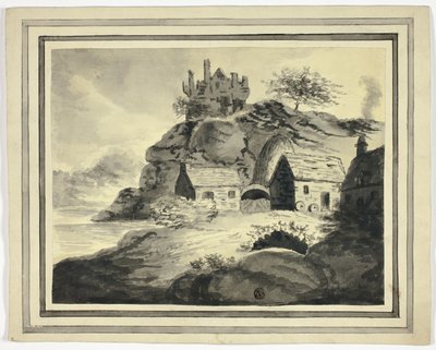 Boerderij met overhangende rots en kasteel door Unknown artist