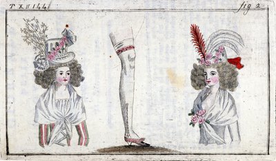 Mode 18e eeuw: kapsel en kousenband van vrouwen rond 1788 door Unknown artist