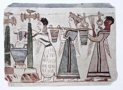 Mode, Egeïsche Fenicische cultuur, 2000-500 v.Chr. Vrouwen met wateremmers achter een harpist door Unknown artist