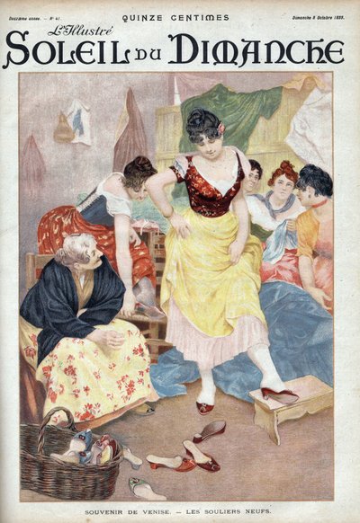 Mode eind 19e eeuw: nieuwe schoenen uit Venetië. Vrouwen passen schoenen uit de Italiaanse stad. Gravure in 