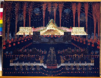 Vuurwerk en verlichting op 25 april 1742, in Moskou (Rusland). Anoniem werk, aquarel en gouache op karton, midden 18e eeuw. Rococo kunst. State History Museum, Moskou door Unknown artist