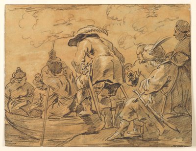 Figuren verzamelen zich op roeiboot door Unknown artist