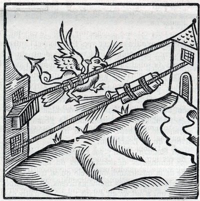 Vuurwerk en vuurwerk: raketten glijden op touwen. Reproductie van de gravures van het werk van de Franse jezuïet Jean Leurechon "La recreation mathematiques, ou Interview facetieux sur plusieurs plaisants problemes, en fait d