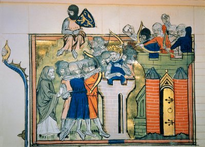Eerste kruistocht: Godefroi (of Godefroy) van Bouillon (1058-1100) in een ronde toren viel Jeruzalem aan in 1099. Miniatuur uit 