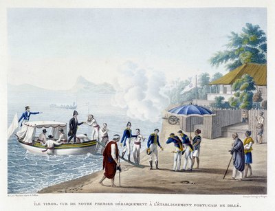 Eerste ontscheping van de Fransen bij de Portugese nederzetting Dille op het eiland Timor. door Unknown artist