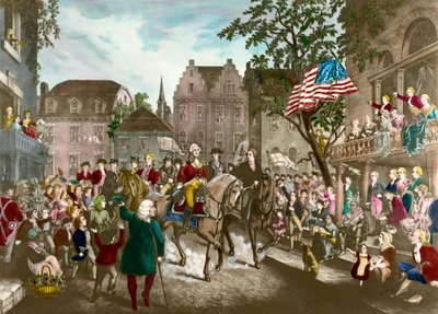 Begin van de Amerikaanse Onafhankelijkheidsoorlog: George Washington triomfantelijke intocht in New York na de Engelse nederlaag door Unknown artist
