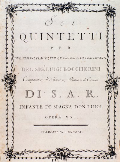 Eerste pagina van de partituur van "Sei quintetti per due violini flauto viola e violoncello" door Luigi Boccherini door Unknown artist