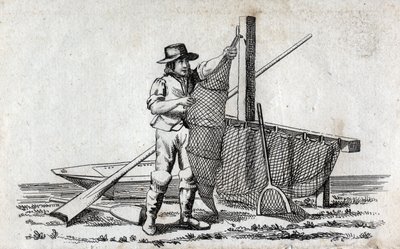 Visser en visnet. Fijne gravure van de 18e eeuw. Privécollectie. door Unknown artist