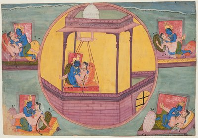 Vijf houdingen van Krishna die de liefde bedrijft, uit een Bikaner Bhagavata Purana door Unknown artist